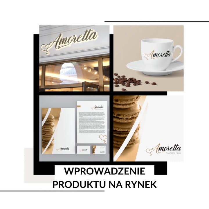 Kolaż projektów marki Amoretta: szyld, filiżanka z logo, papier firmowy i ciastka z logotypem